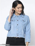 Light blue denim jacket for women, premium quality with long sleeves, trendy stylish ruff design, suitable for western wear
