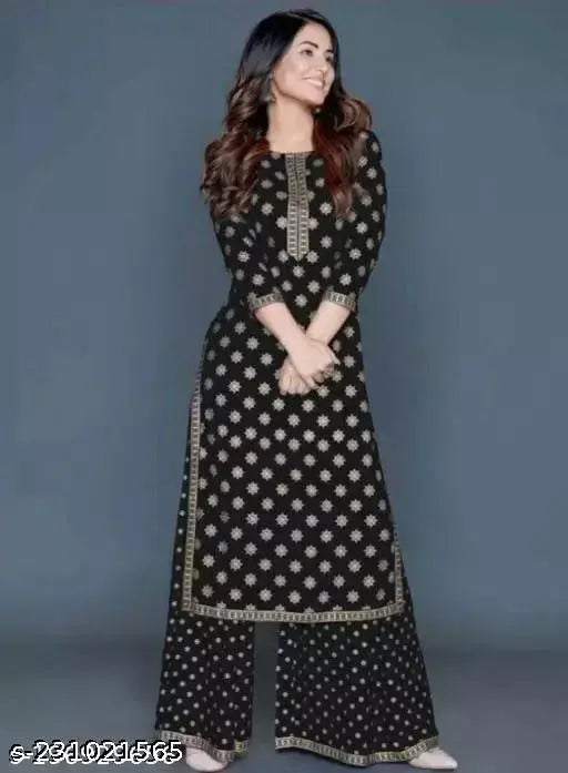 Rayon kurta set with palazzos, printed and soft, perfect for casual occasions