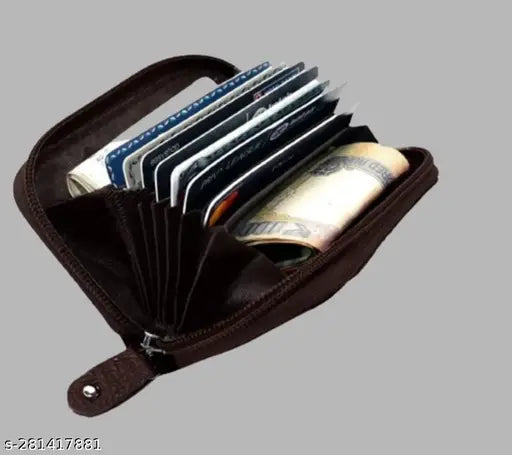 Brown textured leather RFID blocking card and money organizer, 5 compartments, fits various needs