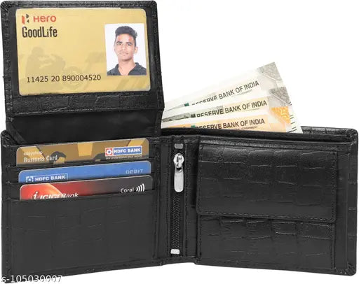Black croco pattern leather men's wallet with 2 compartments, high-quality classic genuine leather for personal items storage