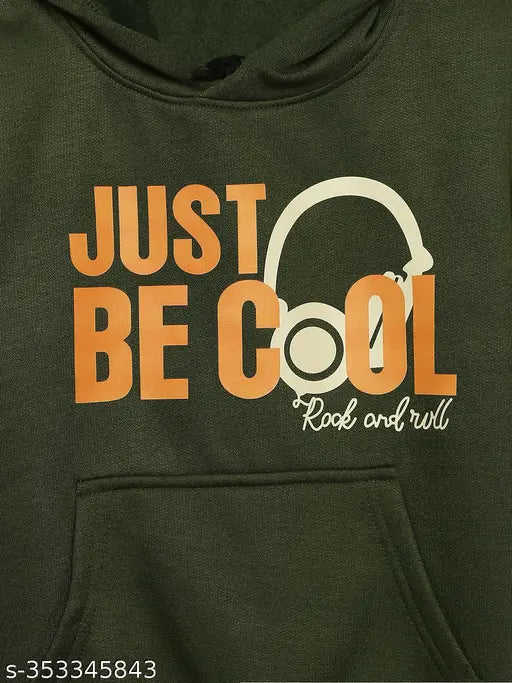 Olive Printed Hooded Cotton Fleece Sweatshirt for Boys