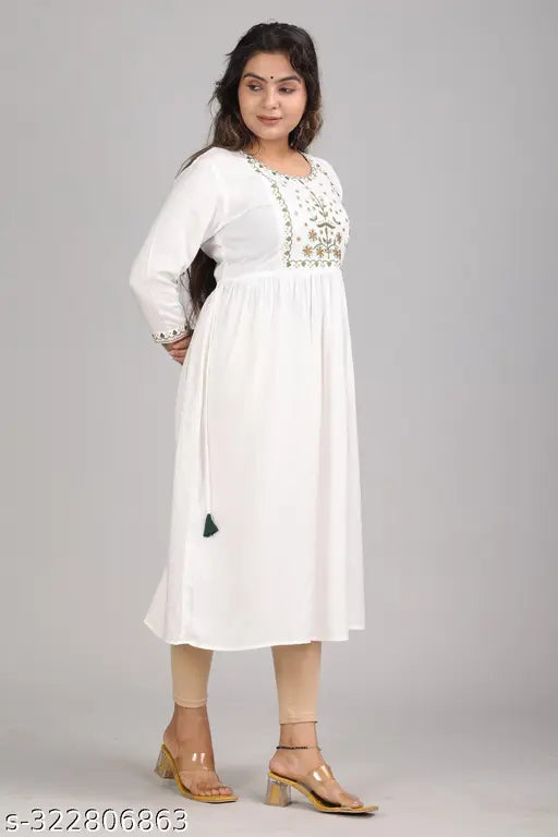 White embroidery rayon malti, three-quarter sleeves, intricate floral design, Indian fashion apparel