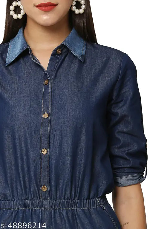 Denim jumpsuit, navy blue solid pattern, three-quarter sleeves for women, Indian-made classy and ravishing design