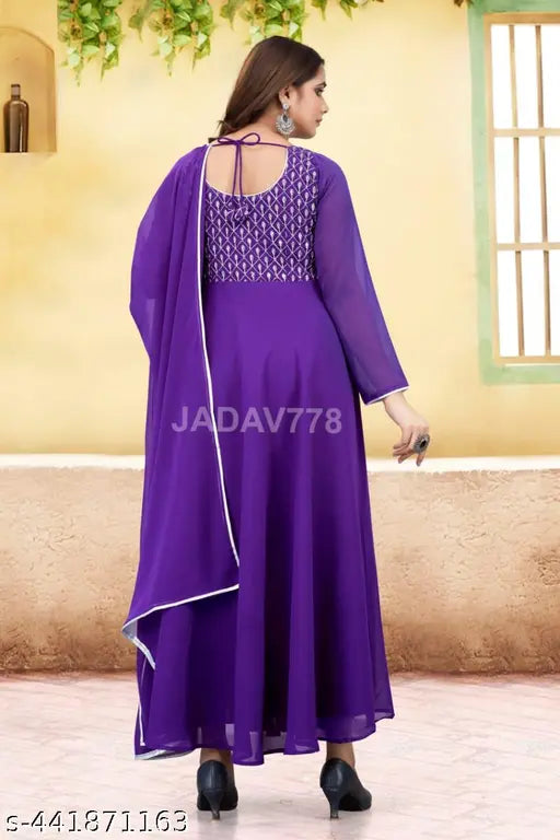Purple Georgette Women's Embroidered Straight Kurta & Dupatta Set - Traditional Indian fashion for girls and women