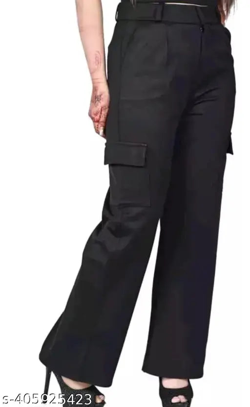 Name Women Premium Cotton Wide Leg 4 Pocket CargosTrousers Relaxed Fit Cargo Pants with Insert Pockets