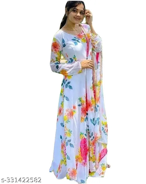 White Georgette Flower Print Anarkali Long Sleeve Gown with Dupatta Set, Indian ethnic wear
