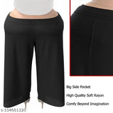 Black loose-fitting palazzo pants with a big side pocket, perfect for plus size women looking for comfortable loungewear or ethnic sleepwear