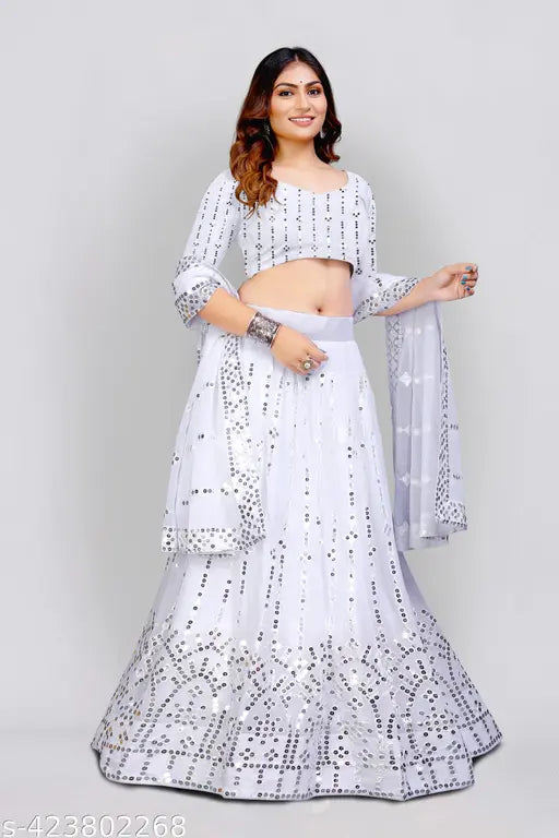 Embroidered georgette women's Lehenga Choli set, intricately detailed with Indian motifs (semi-stitched, 43in waist)
