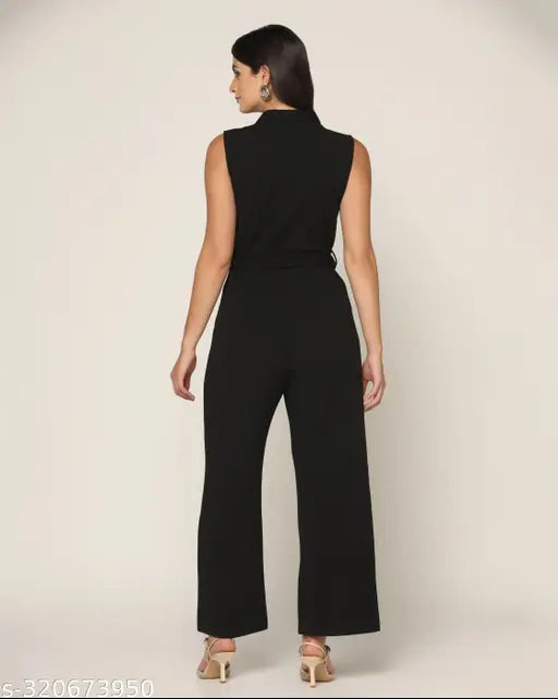 Raven black stretchable premium jumpsuit, full length with deep Y-shape collar, durable, belt & buckle included, comfortable fit, zipper closure