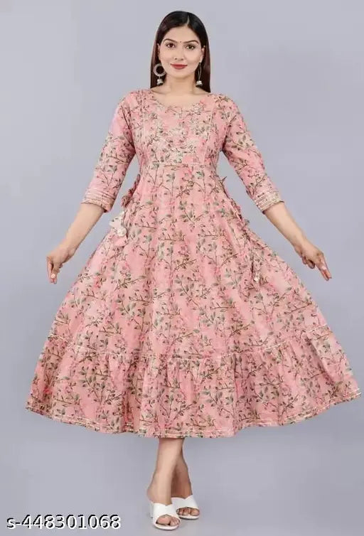 Rayon embroidered anarkali style kurta with deep neck and flowers print, women's trendy Indian apparel for S (36in bust, 48in length) to XXXL (46in bust, 48in length)