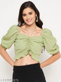 WineRed Women's Light Green Ruched Crop Top - Indian-made high-fashion solid crepe top with short sleeves, available in XS, S, M, L, and XL