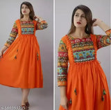 Trendy rayon A line printed Anarkali kurti with three-quarter sleeves, solid color for women's party or wedding wear. Indian design, available in XS to XXXL sizes