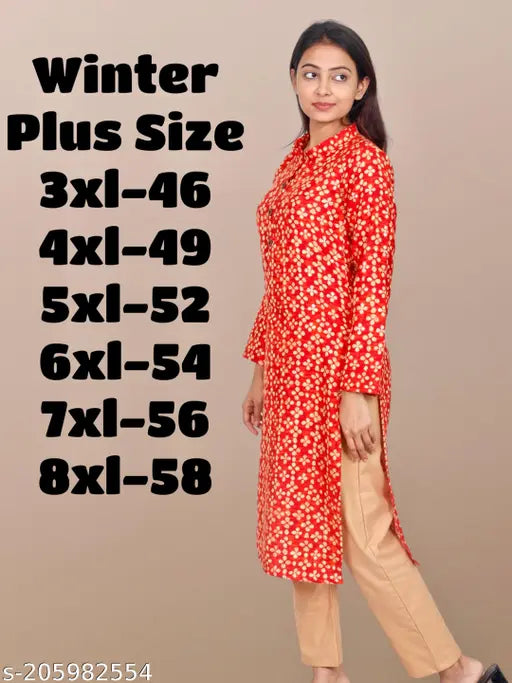 Women's plus size winter wear woolen kurta 3xl46 to 8xl58. Material: Wool. Size chart: 3XL to 8XL. Fit type: Kameez. Style: Winter