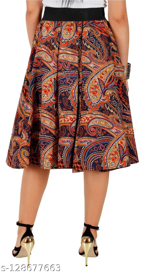 Black polka & brown paisley mid calf length women's panel gathered skirt combo on model, polyester print pattern