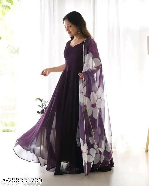 Purple, embroidered dupatta with floral design