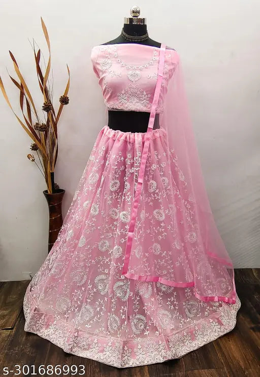 Embroidered net lehenga set for women, semi-stitched with waist size 44in and length 43in, Indian origin