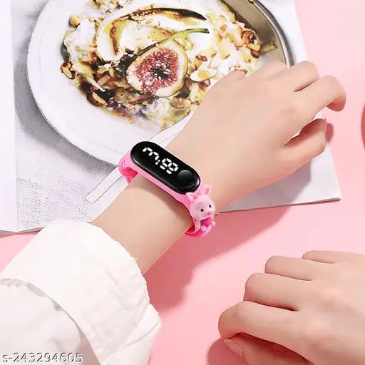 Digital sports watch with multi-color display, waterproof design, and touch screen. Time reading feature and cartoon character on LED screen