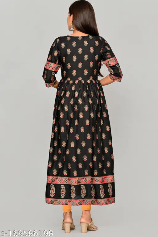 Printed rayon anarkali gown kurtis with three-quarter sleeves, single size options M, L, XL for traditional, elegant event wear. Origin: India