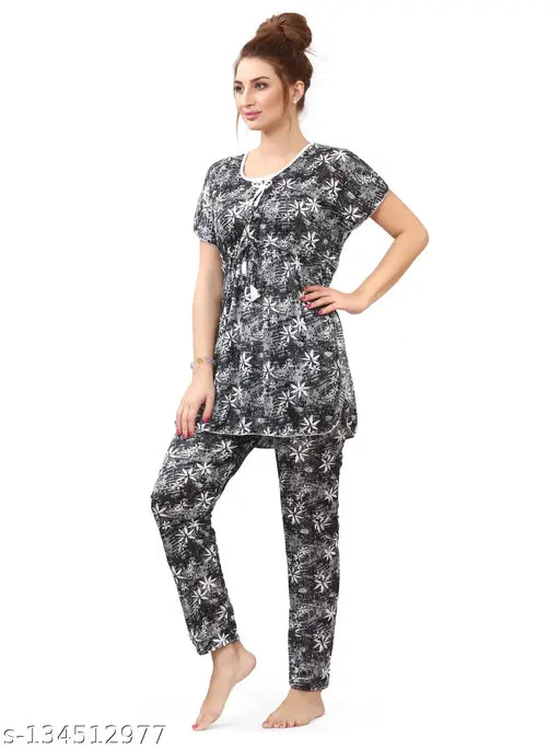 Printed satin kaftan-style night suit with top and pyjama in Indian craftsmanship