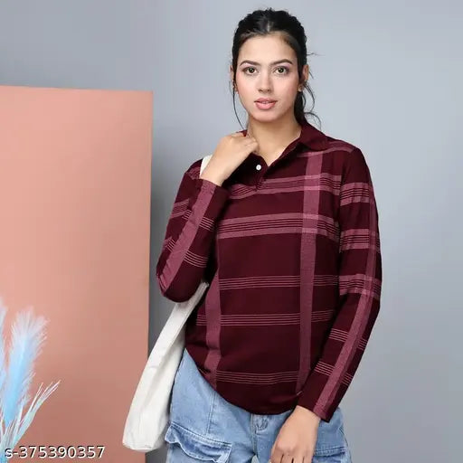 Cotton blend checked long-sleeve t-shirt by EYEBOGLER for women, enhancing looks, size S (37in bust)