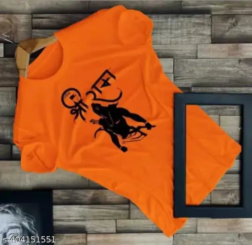 Orange polyester Jai Shree Ram printed men's half-sleeve t-shirt, perfect for casual wear with matching outfits. Made in India