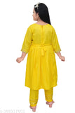 Yellow cotton blend Anarkali kurta & Patiala set with embellishments. Exquisite girls' festive party wear from HIPPOSIPPO