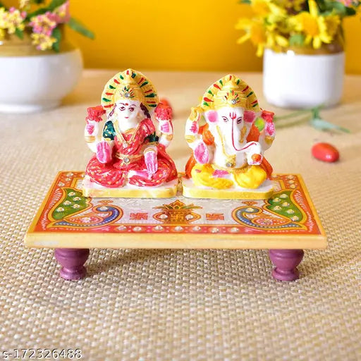 Multicolor marble Laxmi Ganesh idol set with peacock design, 14cm x 9cm x 10cm. Traditional Rajasthani Meenakari craftsmanship for Diwali Puja Murti