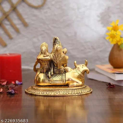 Metal Shiva Parvati Ganesh idol family sculpture, sitting on Nandi showpiece figurine for Hindu pooja, 9cmL x 8cmB x 10cmH