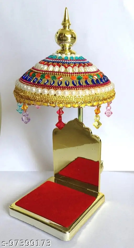 Diamond-studded metallic umbrella, decorative for God idols or car dashboards, handcrafted Indian artifact