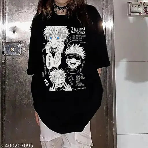 Korean anime t-shirt, oversized, women's style, black background