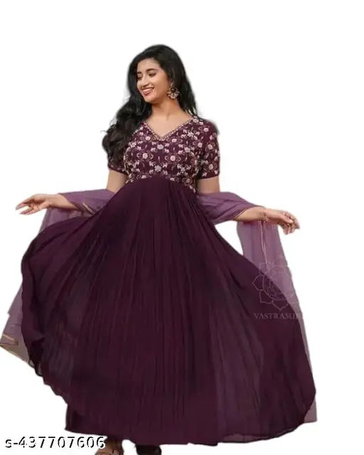 Wine Georgette Anarkali Gown with Sequin Embroidery, perfect for functions and gatherings. Made in India