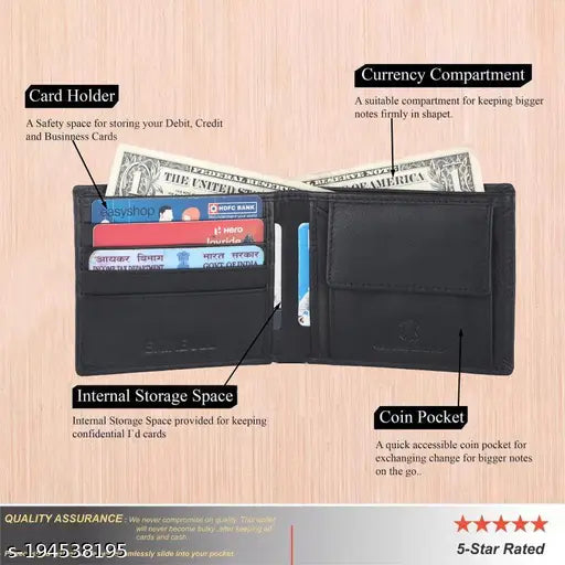 Black full-grain leather RFID protected men's wallet with pen combo, featuring 2 compartments, 4 card slots, and 1 coin pocket. Durable and stylish for everyday use