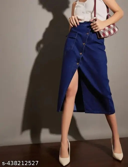 Denim wrap skirt with side pockets, knee length
