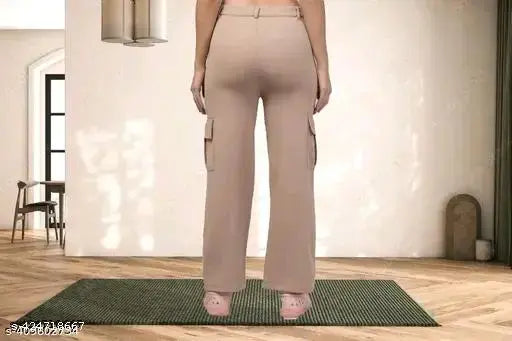Comfy cotton-lycra solid net trousers, ideal for casual and party wear. Versatile, utility cargo style. Indian origin