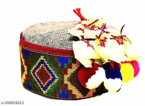 Unisex wool Himachali Kullu Patti cap with attachable flower, Aztec pattern, vibrant colors, and adjustable fit