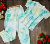 Attractive tie-dye women's crepe nightsuit top & pyjama bottom set, short sleeves, printed pattern, S/M/L/XL sizes available