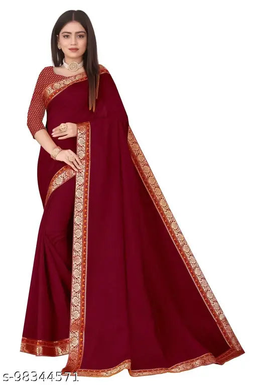 Vichitra silk KATRI saree with separate brocade blouse, solid pattern on free size fabric from India
