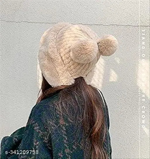 Womens winter woolen beanie, thick fleece neck warmer, skull cap with face cover, free size, beige