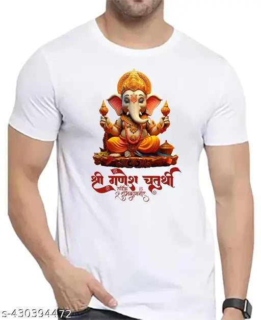 White polyester Shree Ganeshji Chaturthi T-Shirt 130gsm, printed design on short sleeves