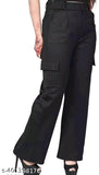 Black premium cotton wide leg 4-pocket cargo trousers, relaxed fit and solid pattern