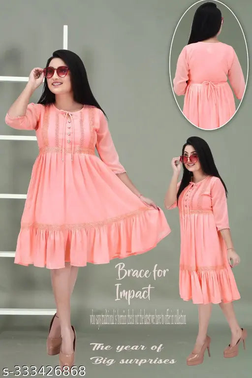 Pink chiffon dress, long sleeves, knee-length skirt, ruffled hems, front button closure