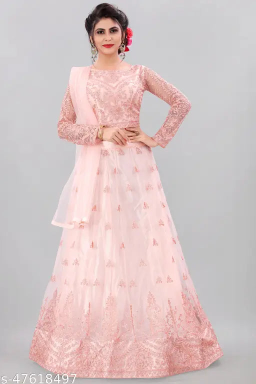 Arvika peach net embroidered lehenga choli set, semi-stitched (44in waist, 42in length), India