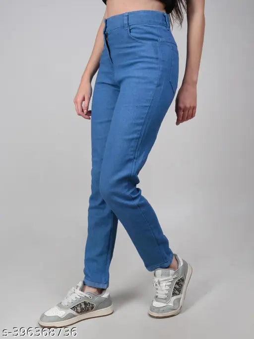 Light blue stretchable premium denim jeans for girls plus size womens denim jogger with elastic waist and ankle cuff