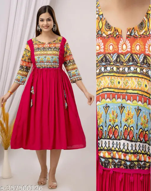 Vibrant, patterned, knee-length Anarkali kurti with flared sleeves