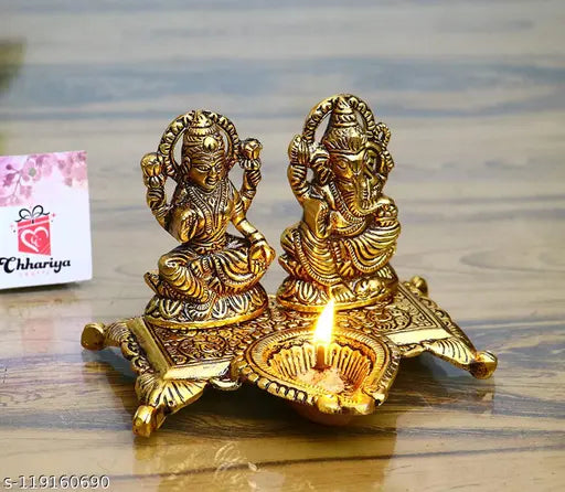Gold metal Lakshmi Ganesha statue with diya, Indian decorative showpiece, 15cm height