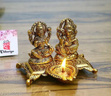 Gold metal Lakshmi Ganesha statue with diya, Indian decorative showpiece, 15cm height