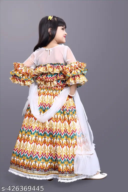 White cotton blend round neck Lehenga Choli set with floral print, featuring mono net dupatta. Versatile ethnic outfit for kids, sizes ranging from 1-10 years