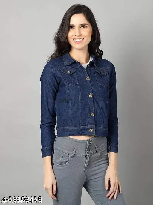 Light blue denim women's jacket, classic design with long sleeves, shank buttons, chest pockets, and Full sleeves - Made in India
