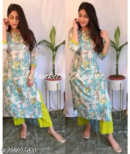 Silk blend printed net kurti and pants set with three-quarter sleeves, soft silk bottomwear for women