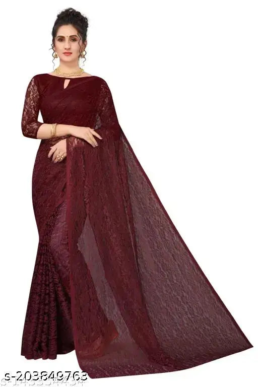 Red net saree with sheer embroidered border